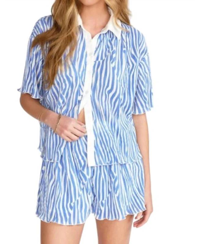 Printed Pleat Satin Shirt And Shorts Set In Cream/blue