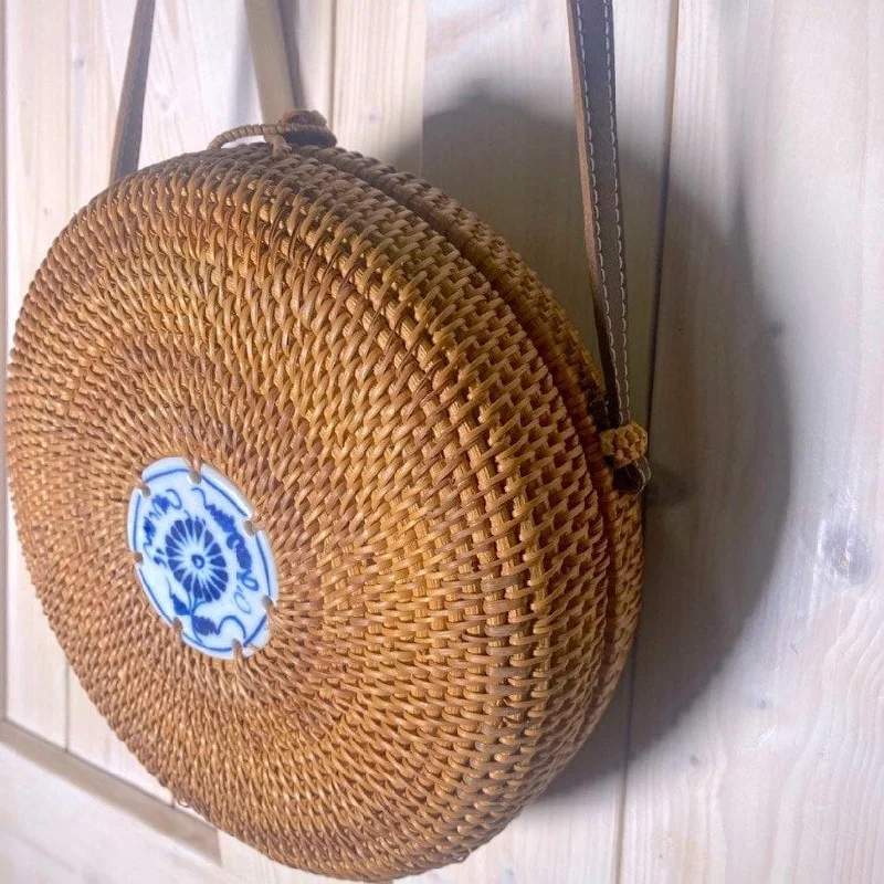 Bali Blue natural woven crossbody round beige  rattan purse + royal blue & white ceramic tile resort cruise travel birthday beach purse gift