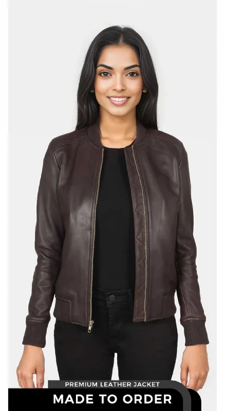 Bliss Brownish Maroon Leather Bomber Women Jacket