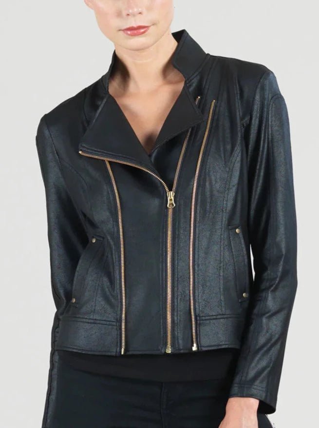 Women's Black Liquid Leather Knit Jacket with Double Zip Details