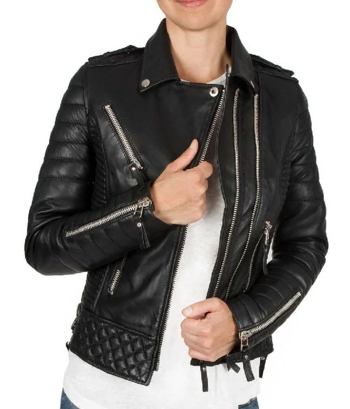 Women's Genuine Lambskin Leather Motorcycle Slim fit Designer Biker Jacket Black Silver Zippers