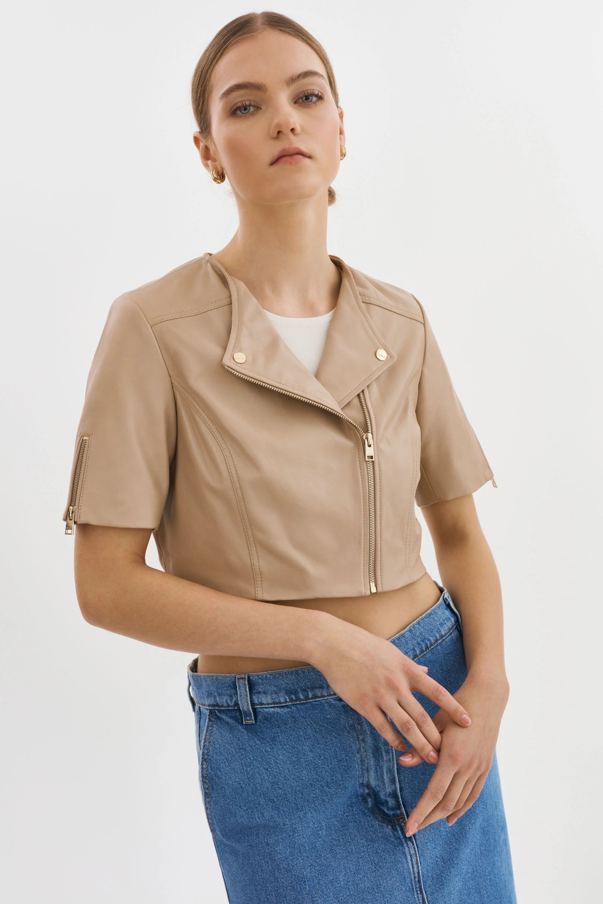 KIRSI GOLD | CROPPED BIKER JACKET - WHEAT