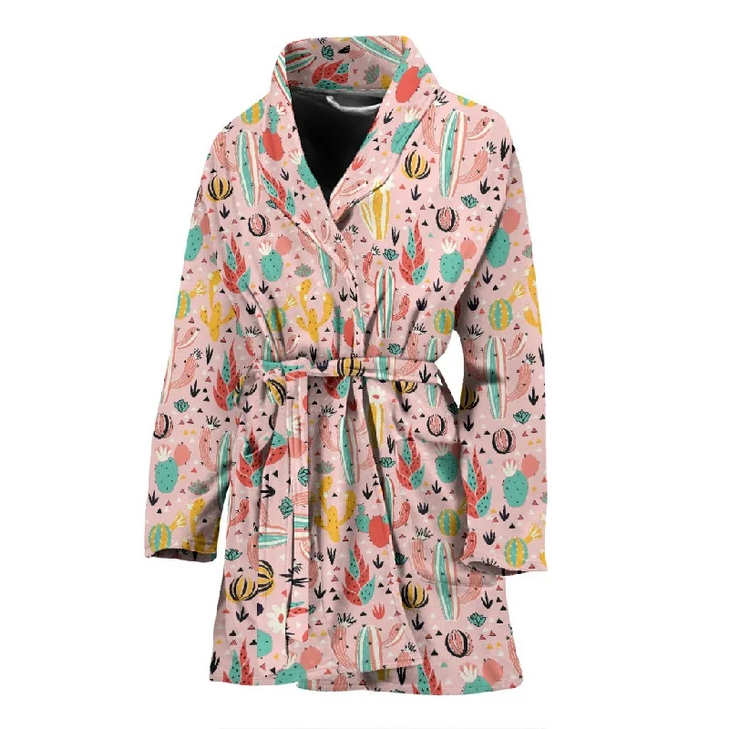 Pink Cactus Pattern Print Women Long Robe