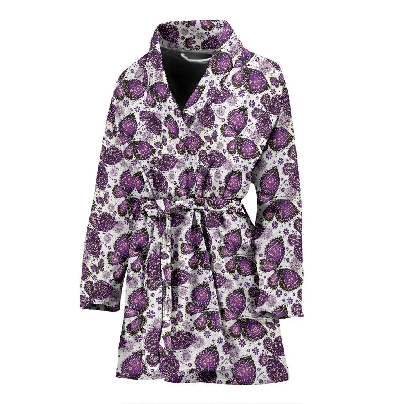 Purple Butterfly Pattern Print Women Long Robe