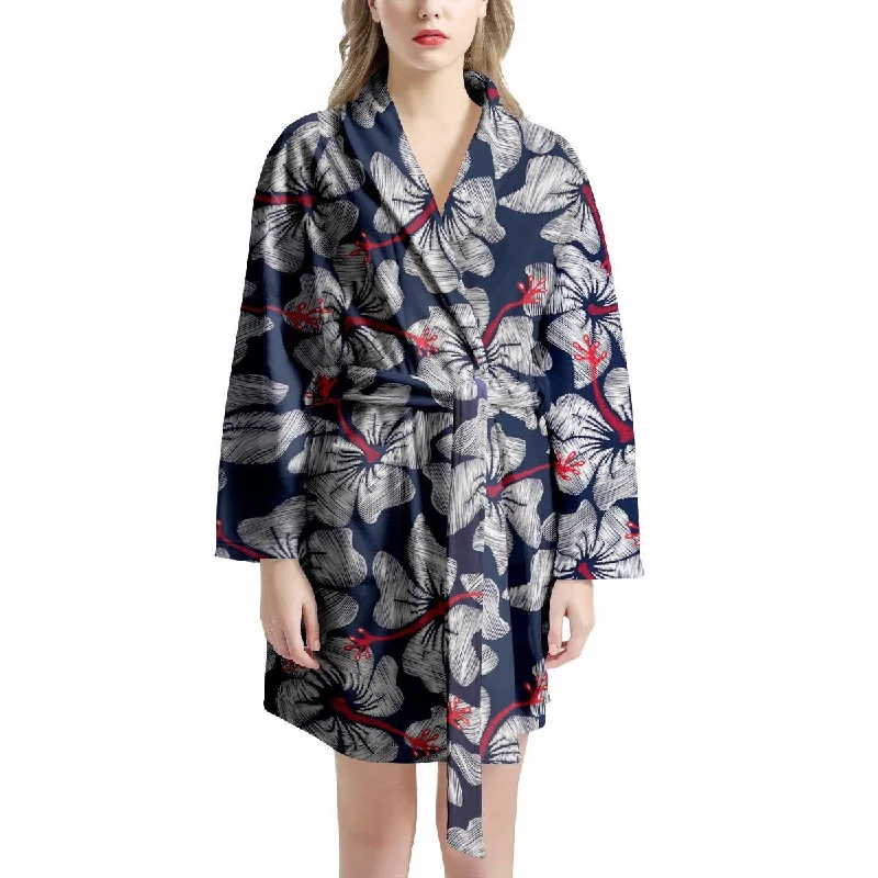 White Hibiscus Tropical Floral Hawaiian Print Women's Robe