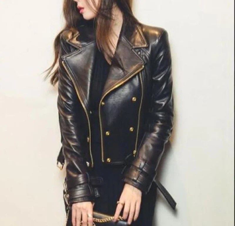 Women's Black Moto Style Genuine Sheep Leather Slim fit Jacket Asymmetric Zip