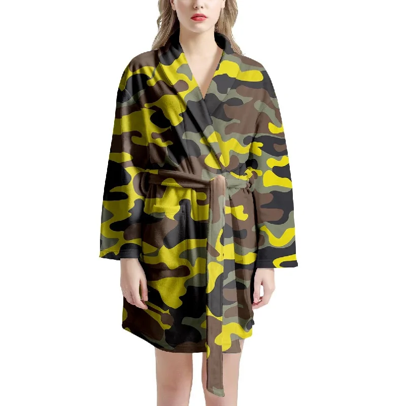 Woodland And Yellow Camo Print Women's Robe