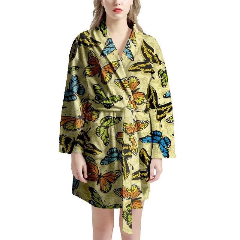 Yellow Butterfly Pattern Print Women's Robe