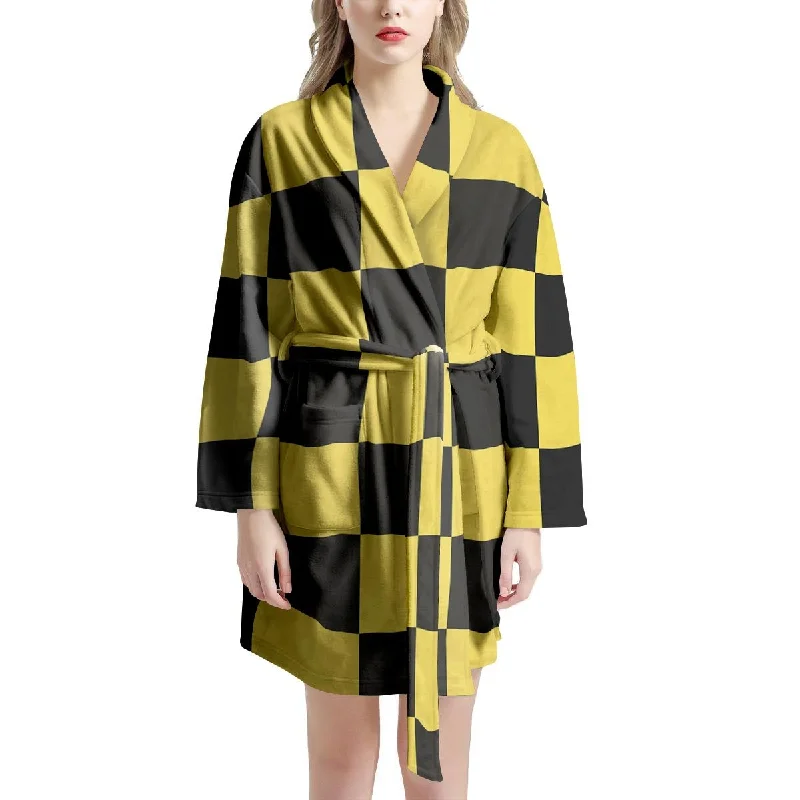 Yellow Checkered Print Women's Robe