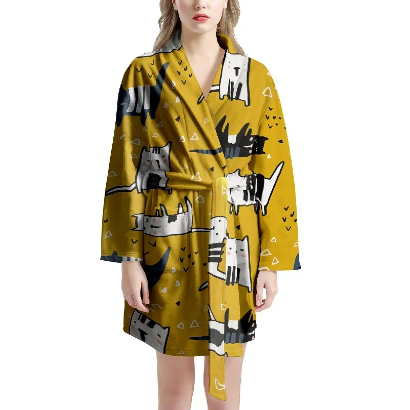 Yellow Doodle Cat Print Women's Robe