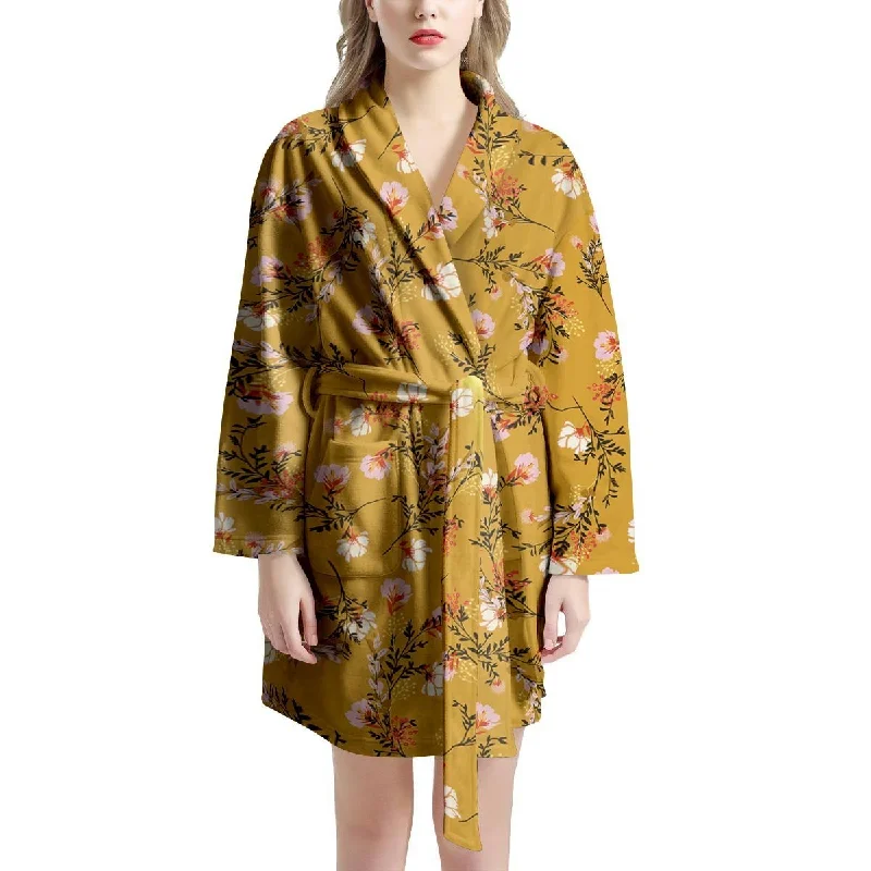 Yellow Floral Retro Print Women's Robe