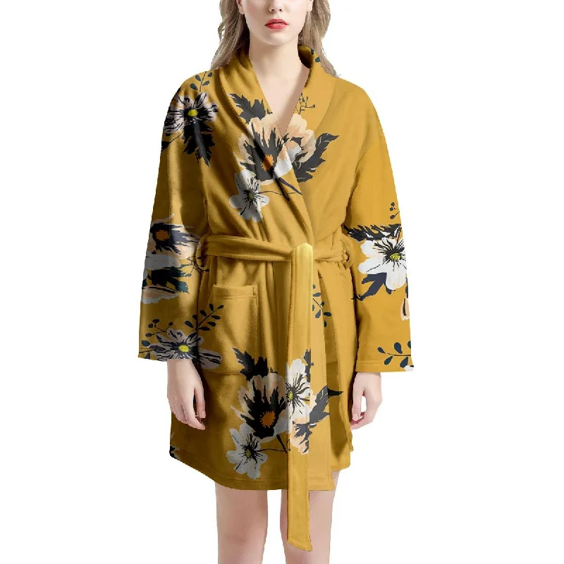 Yellow Flower Print Women's Robe