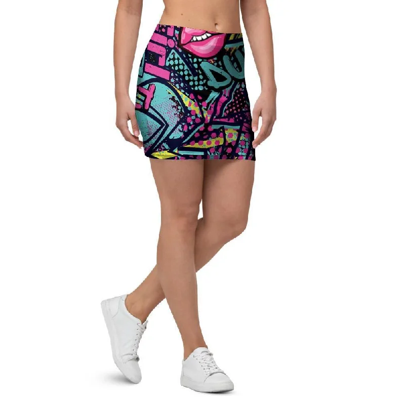 Abstract Graffiti Hiphop Lip Mini Skirt