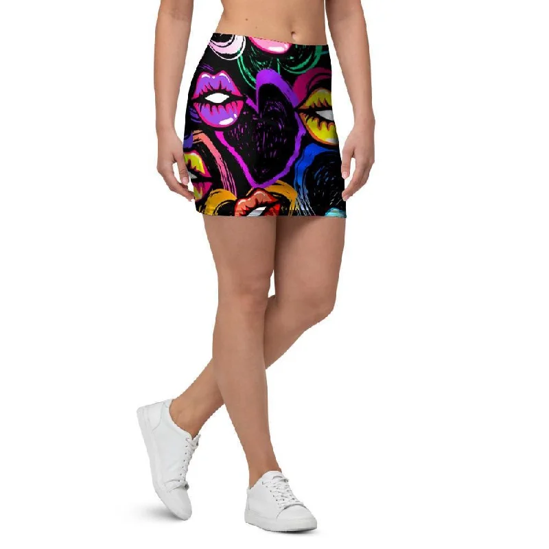 Abstract Lip Graffiti Print Mini Skirt