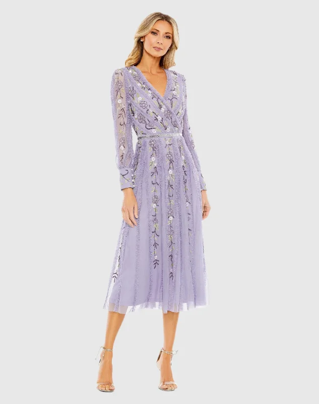 Long Sleeve Embroidered Wrap Midi Dress