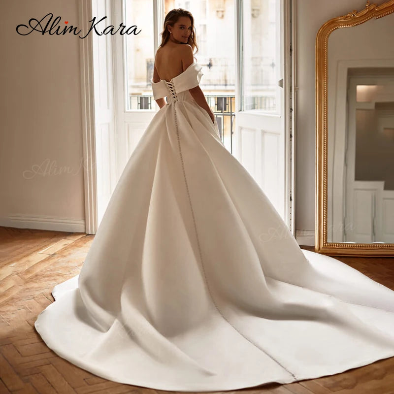 Wedding Dress Satin Open Back A-Line Court Train Bridal Gowns Princess