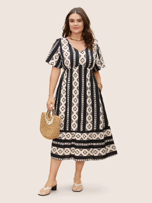 Bandana Geometric Flutter Sleeve Midi Dress