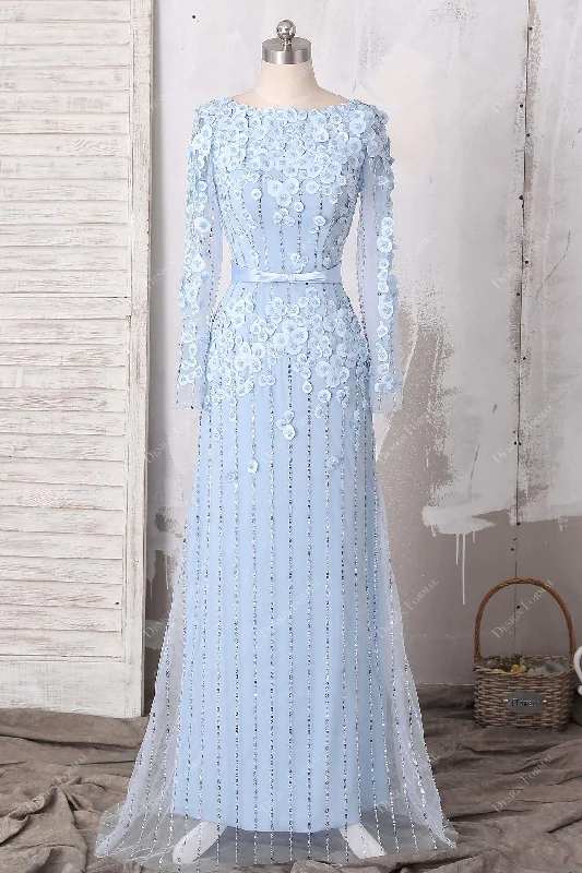 Fancy Sky Blue Beaded Petals Formal Wedding Dress