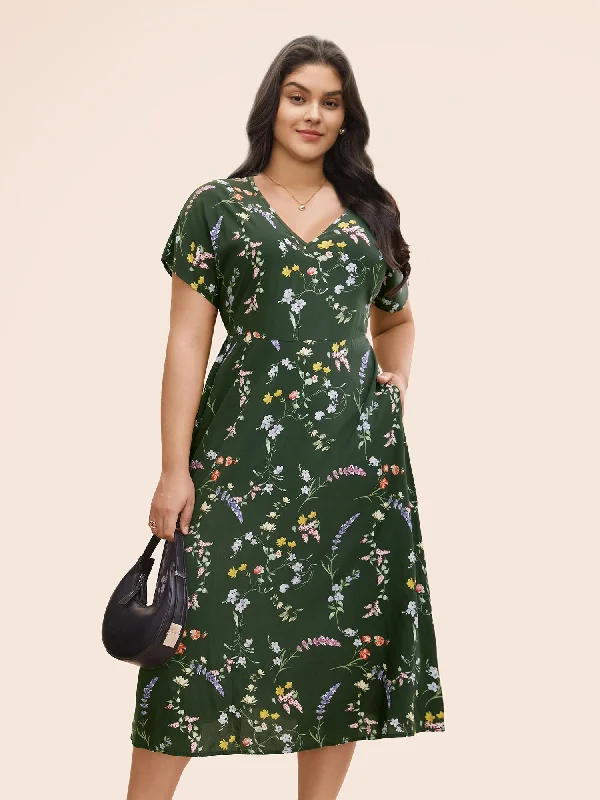 Floral V Neck Dolman Sleeve Midi Dress