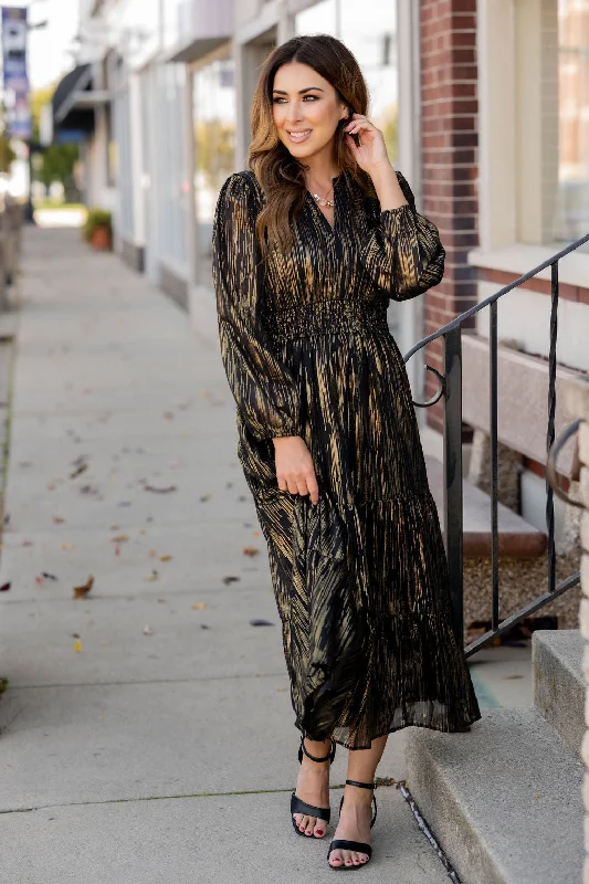 Foil Striped Long Sleeve Midi Dress