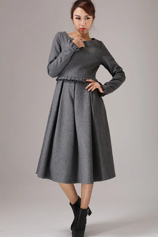 Gray wool dress winter dress maxi dress 0764#