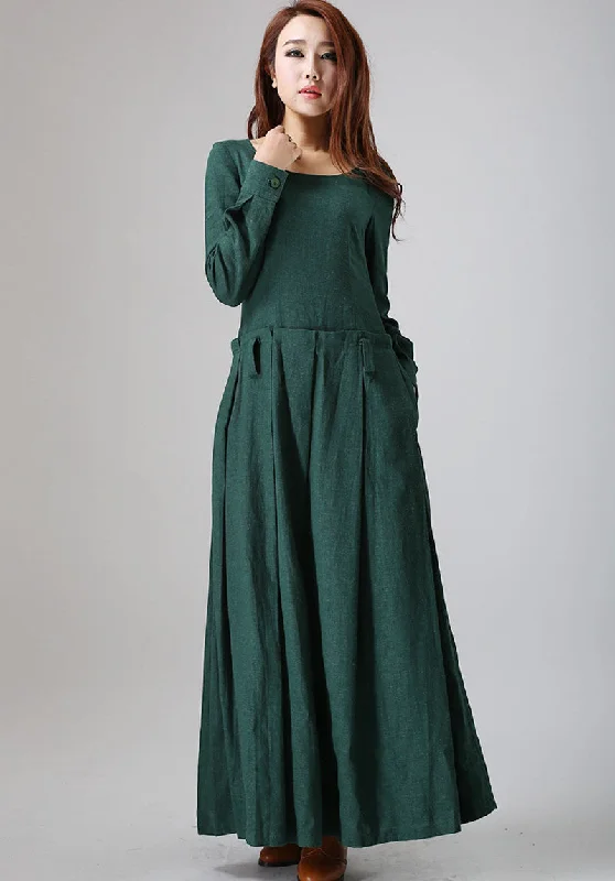 Green linen dress woman maxi dress custom made long sleeve linen dress (788)