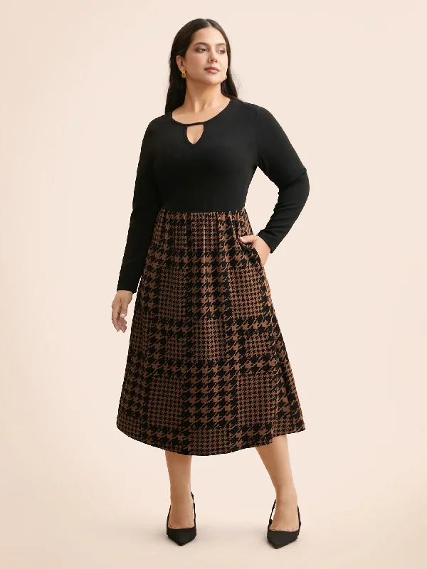 Houndstooth Patchwork Cut Out Midi Dress