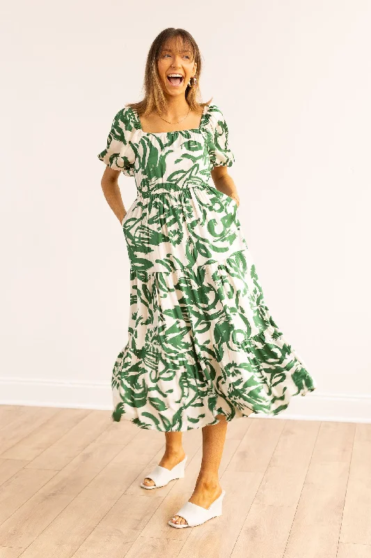 Elizabeth Midi Dress, Green & Ivory