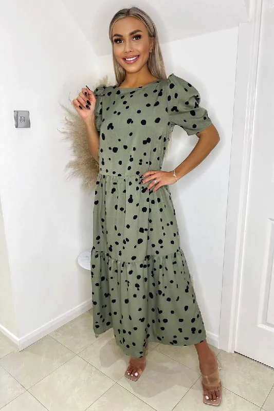 Khaki Polka Dot Short Sleeve Tiered Midi Dress