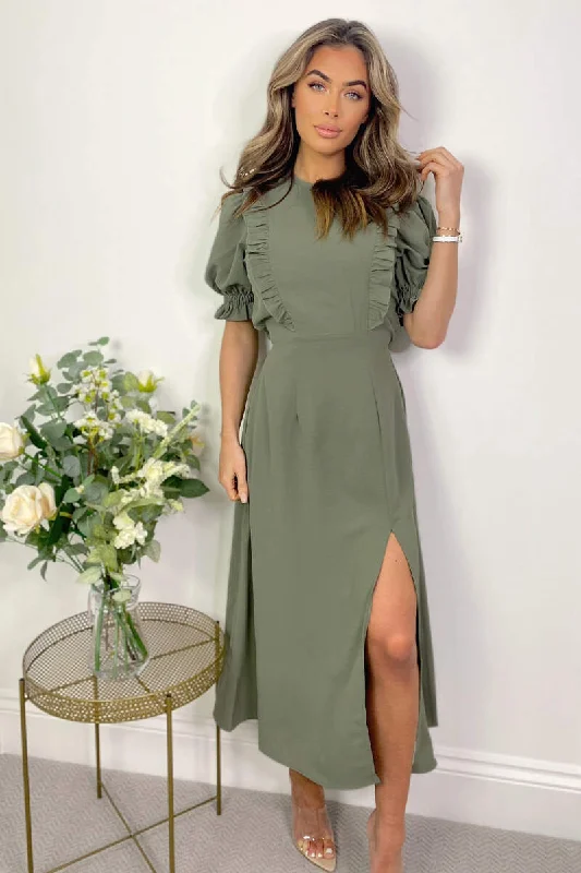 Khaki Ruffle Split Leg Midi Dress