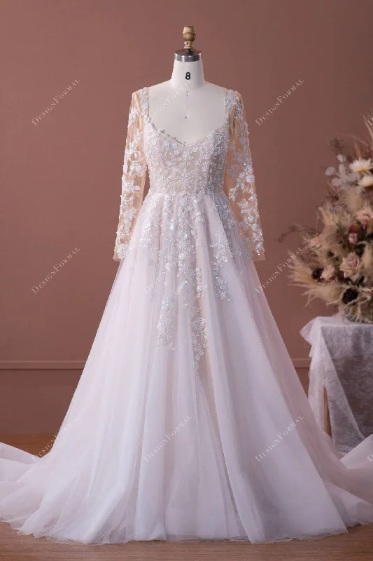 Luxurious Illusion Sleeved Lace A-line Nude Pink Bridal Dress