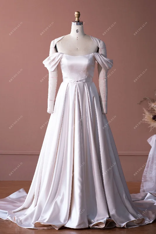 Champagne Elegant Off Shoulder Designer Satin A-line Wedding Dress