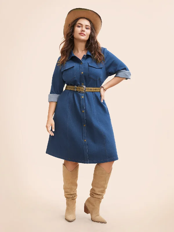 Stretch Denim Chest Flaps Waist Defining Midi Dress