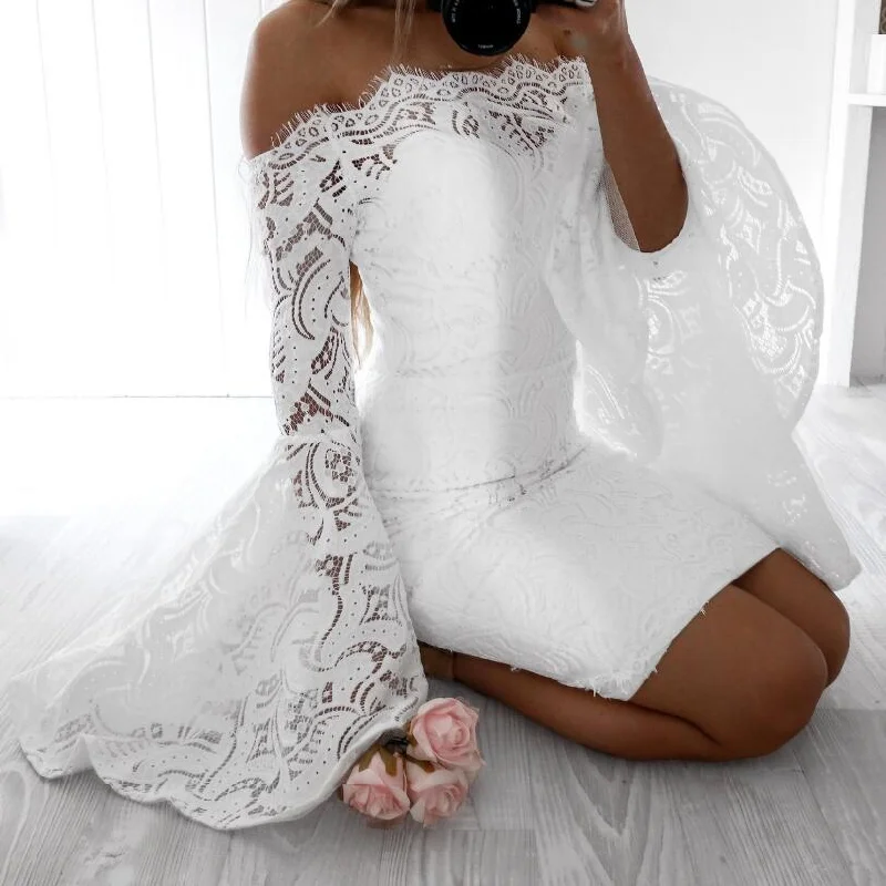 Women Open Shoulders Flare Sleeve Lace Long Sleeve Wedding Dresses