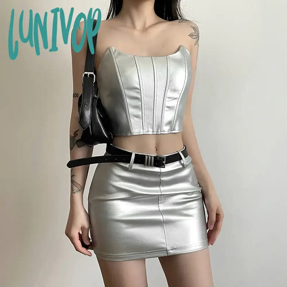 Lunivop Y2k Streetwear Summer Sexy Crop Top Women Clothes Pure Color Skirts Clothing Evening Party Dress Two Piece Set Smocked unclassified skirts