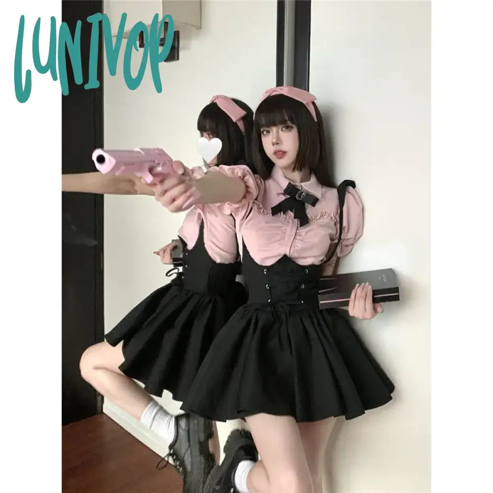 Lunivop Y2K Women Two Pieces Sets Kawaii Lolita Shirts Sweet Black Suspender Skirt Casual Vintage Girls Suits New Korean Fashion Outfits Chiffon unclassified skirts