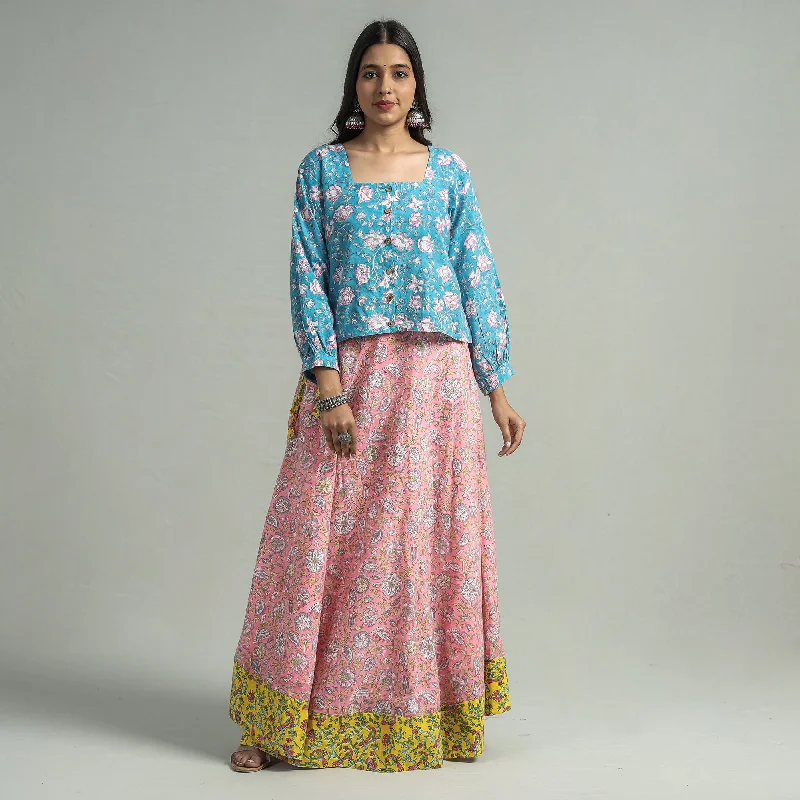 Peach - Sanganeri Block Printed Cotton Long Skirt