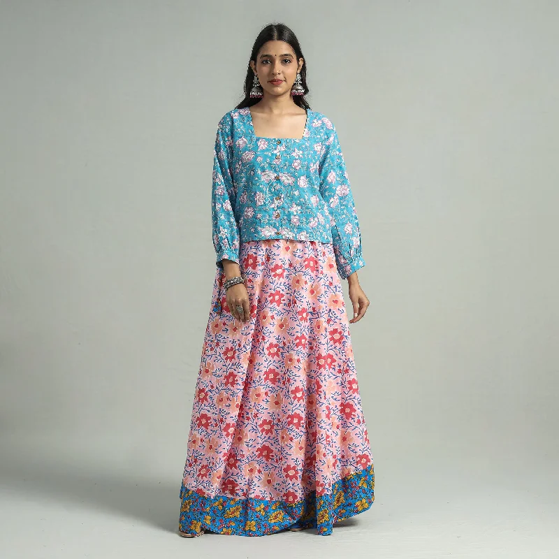 Pink - Sanganeri Block Printed Cotton Long Skirt