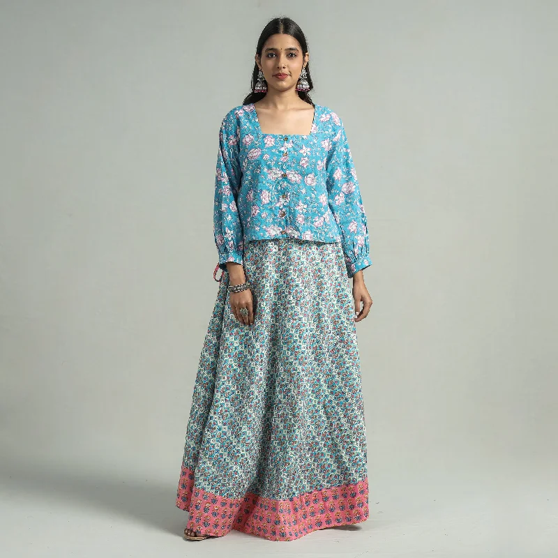 Blue - Sanganeri Block Printed Cotton Long Skirt