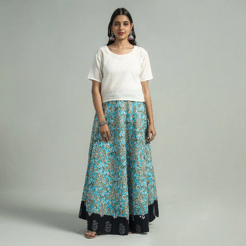 Blue - Sanganeri Block Printed Cotton Long Skirt