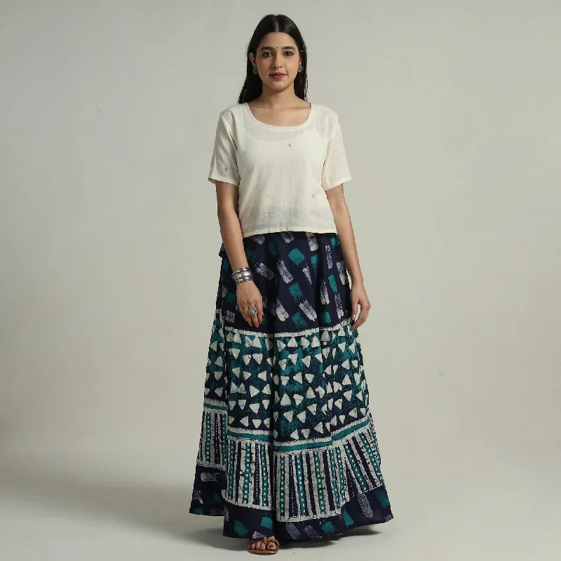 Blue - Hand Batik Printed Running Stitch Cotton Long Skirt 83