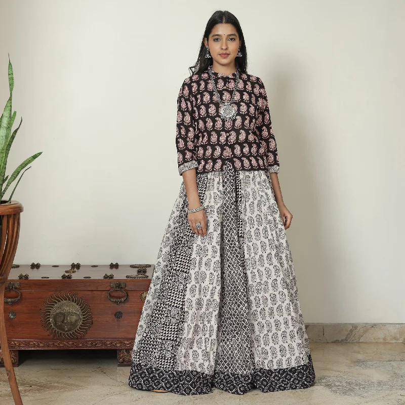 Grey - Bagh Block Printed Patchwork Cotton Long Skirt