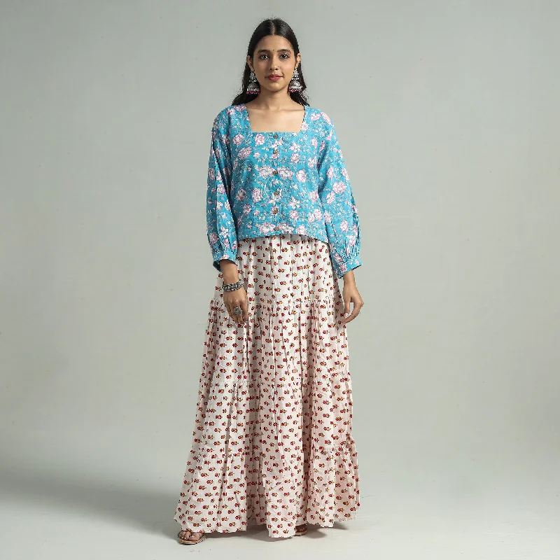 White - Sanganeri Block Printed Tiered Cotton Long Skirt