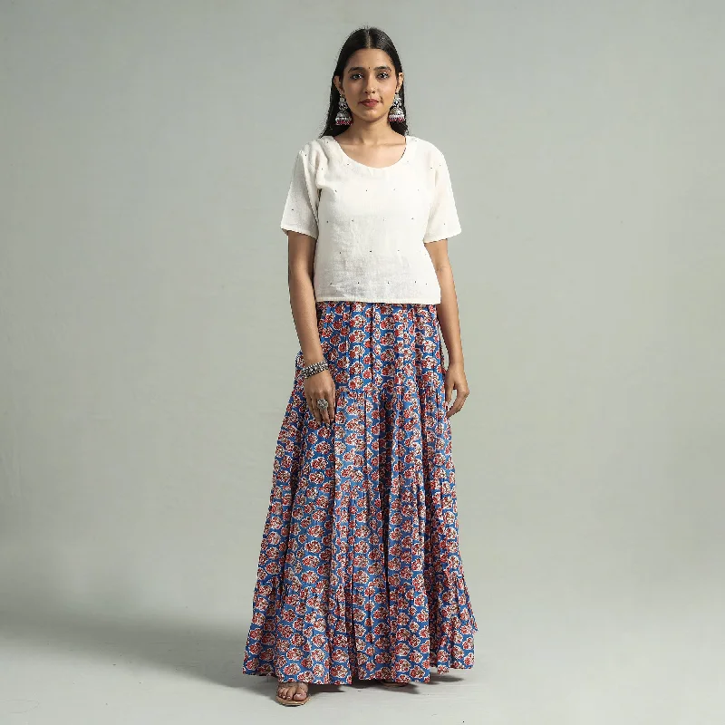 Blue - Sanganeri Block Printed Tiered Cotton Long Skirt