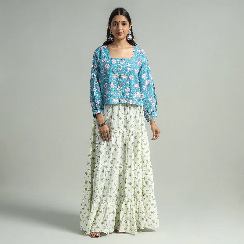 White - Sanganeri Block Printed Tiered Cotton Long Skirt