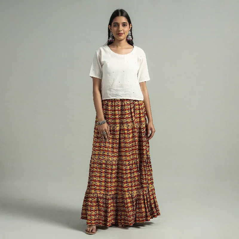 Yellow - Sanganeri Block Printed Tiered Cotton Long Skirt