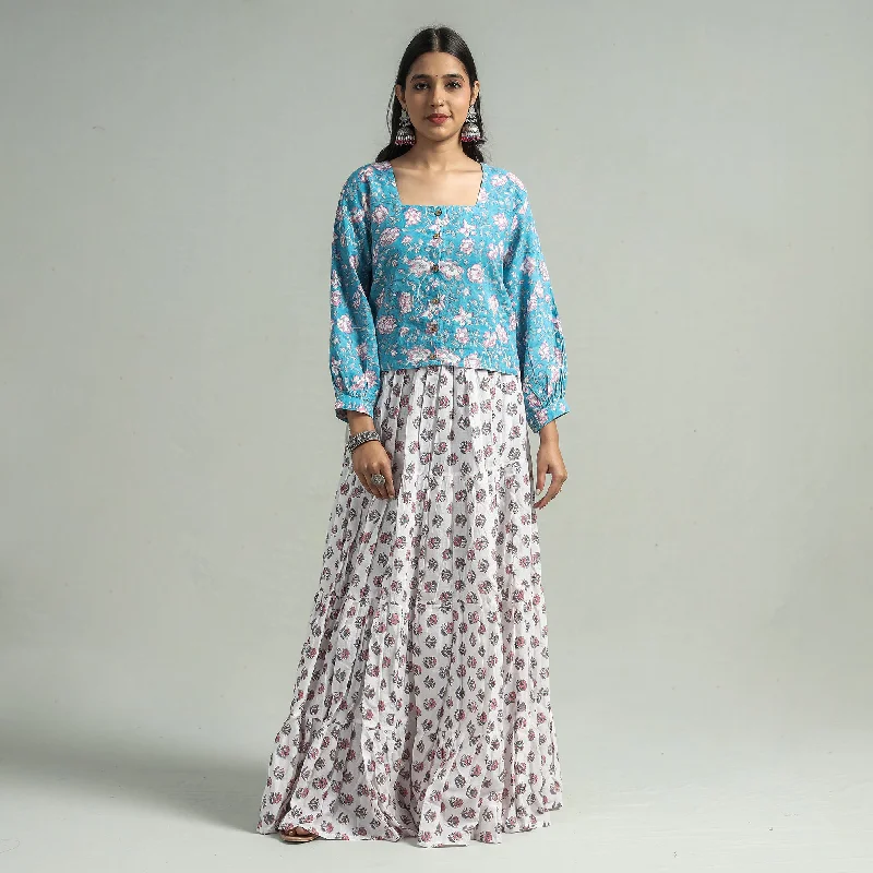 White - Sanganeri Block Printed Tiered Cotton Long Skirt