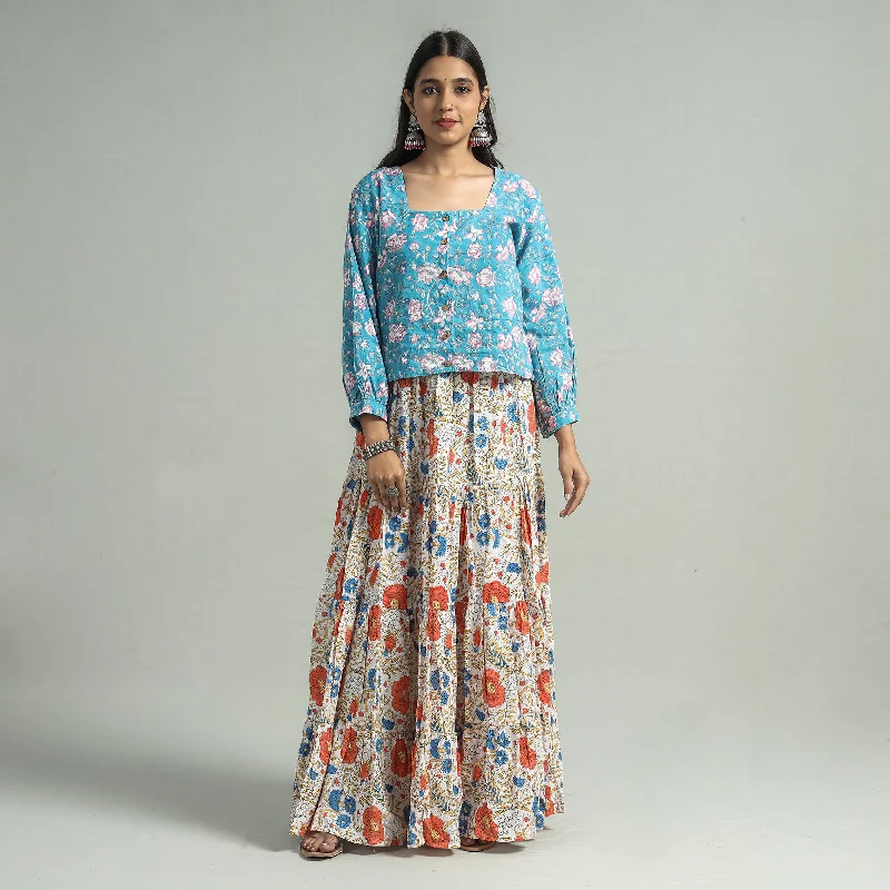 Multicolor - Sanganeri Block Printed Tiered Cotton Long Skirt