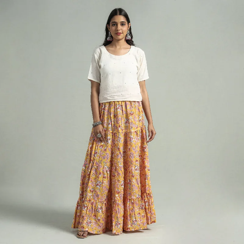 Yellow - Sanganeri Block Printed Tiered Cotton Long Skirt