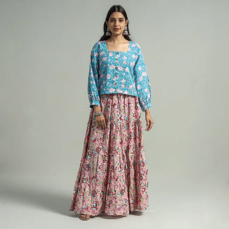 Pink - Sanganeri Block Printed Tiered Cotton Long Skirt